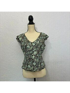 Vintage Y2K silk Fairycore Brown &amp; Blue Floral Cap Sleeve Top